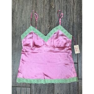 Gold Hawk Pink Silk Cami Top‎ Green Lace Trim Lingerie Sleeveless Tank New S